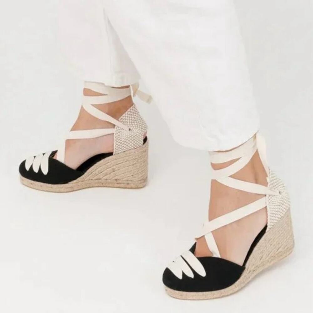 NEW Picon Handmade in Spain, Lace Up Wedge Espadrilles in Black, Women's Sz 9.5